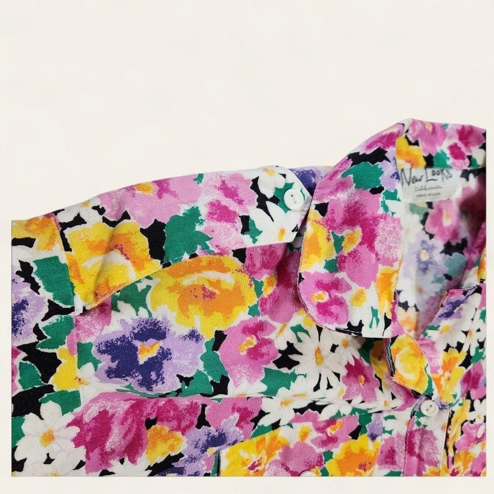 Floral Shirt Dress Vintage 80s Fit Flare Size 6 Pink Yellow Kentucky Derby - Picture 4 of 9